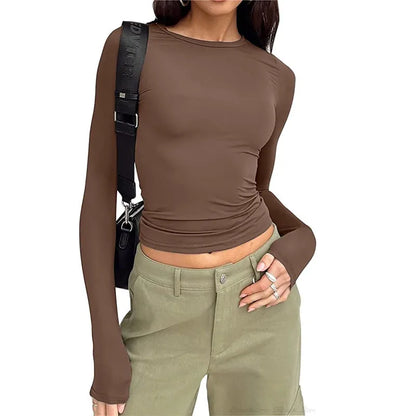 Camiseta rosa Y2K de primavera y otoño 2025 para mujer, tops casuales de manga larga, tops de cuello redondo, camisetas básicas, camisetas ajustadas.
