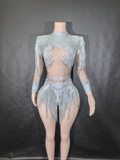 Sexy Skinny Leotard Singer Dancer Show StageWear Sparkly Blue Rhinestones Women DanceCostume Fringes One Shoulder Bodysuit  7G