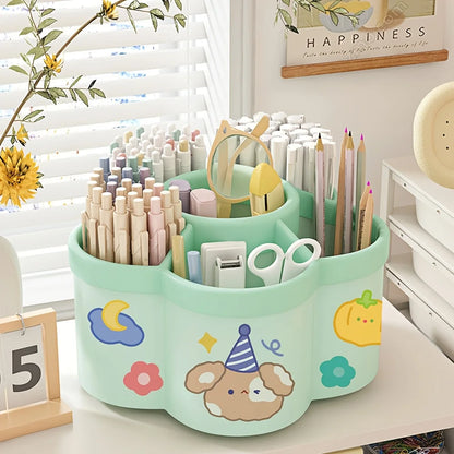 Organizador de escritorio giratorio con múltiples compartimentos, material PP duradero, ideal para organizar escritorios en dormitorios y oficinas.