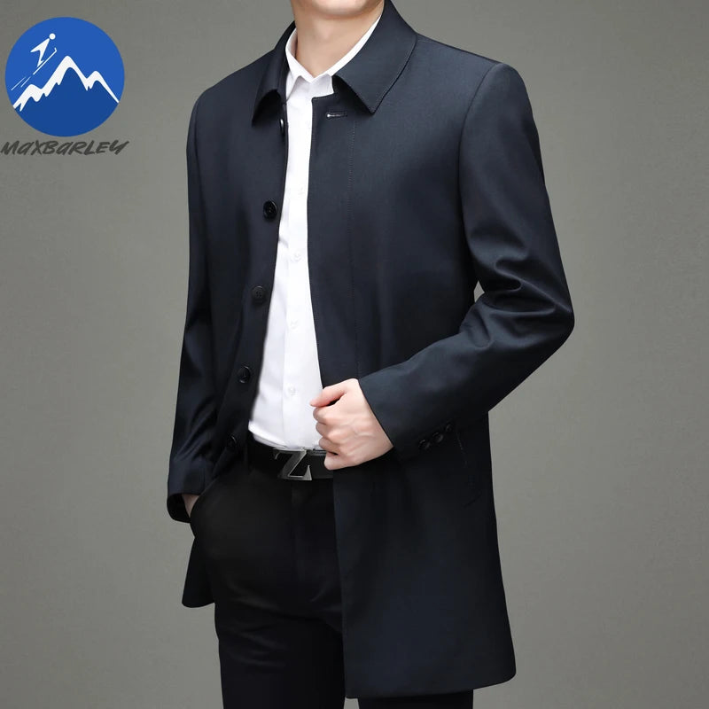 Gabardina coreana Maxbarley para hombre, otoño 2025, estilo casual de negocios, cortavientos, abrigo largo de estilo urbano.