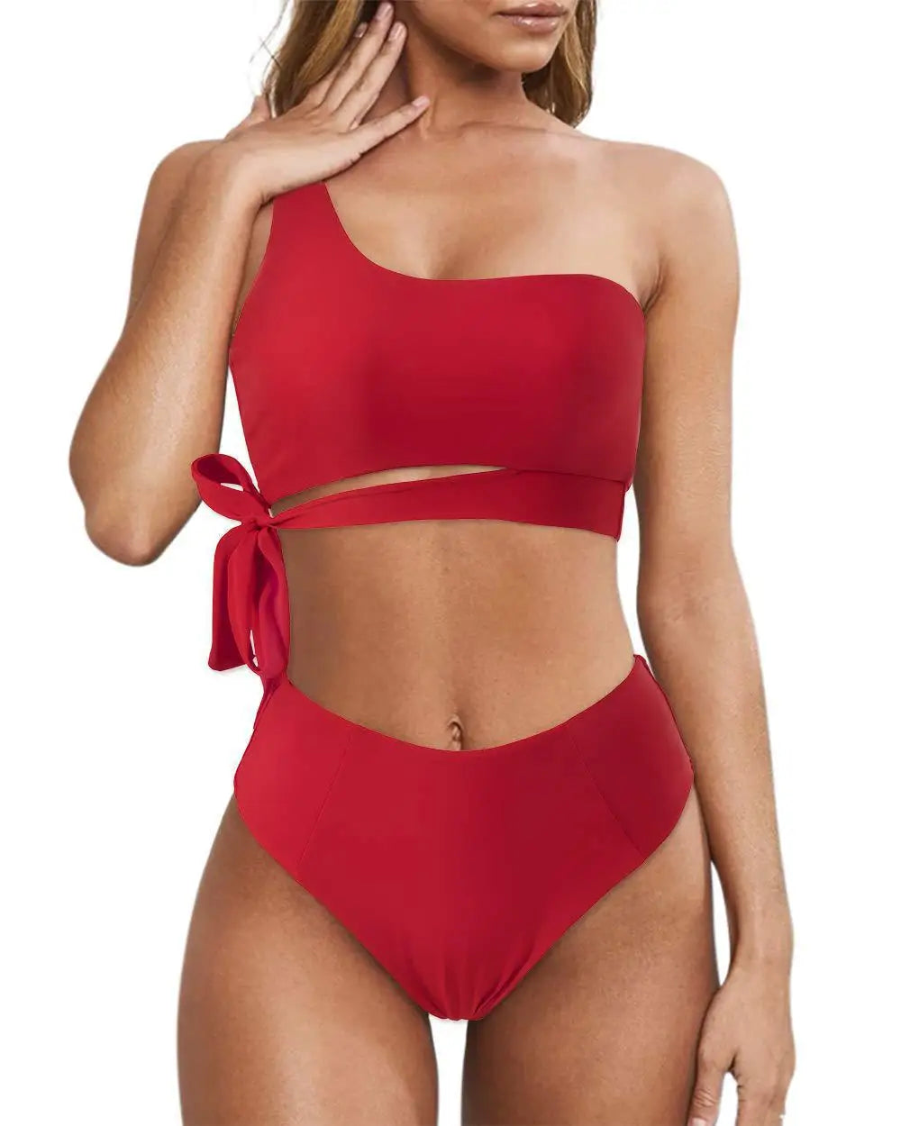 Bikini de un solo hombro para mujer, traje de baño dividido, color liso, traje de baño de playa de verano, traje de baño para mujer