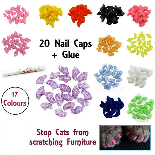 Preciosas 20 fundas de silicona suaves para uñas de gato, cubiertas adhesivas para garras de mascotas, protección para animales.
