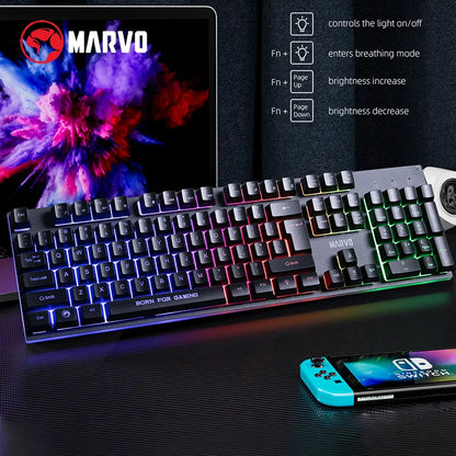 Teclado y ratón para juegos. Incluye teclado, ratón, auriculares y alfombrilla RGB. Juegos de teclado y ratón con cable.