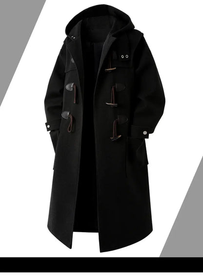 Autumn Men Thick Hooded Trench Coat Men Korean Wool Blends Overcoat Men Casual Horn Button Woollen Coat Black Warm Loose Coat