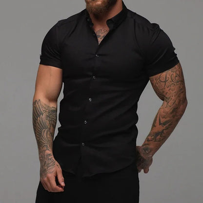 Camisas de vestir ajustadas para hombre, estilo casual de verano, con cuello vuelto, manga corta y botones LXDZ-110