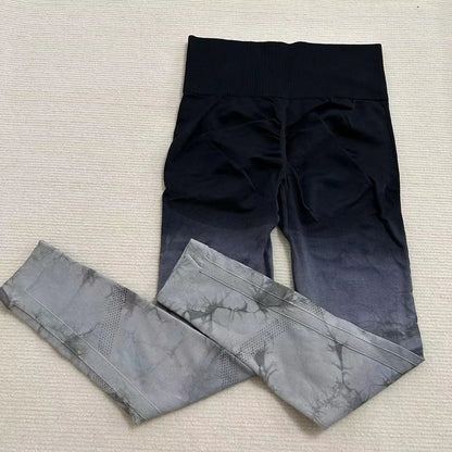 Pantalones de yoga con efecto tie-dye degradado, sin costuras, para mujer, para correr y hacer deporte, cintura alta y levantamiento de cadera, ropa de fitness elástica ajustada.