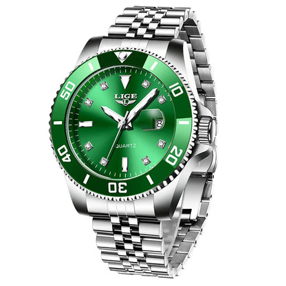 Reloj de lujo LIGE para hombre, reloj de cuarzo con esfera engastada de diamantes, resistente al agua, calendario, mariposa, doble cierre, acero inoxidable.