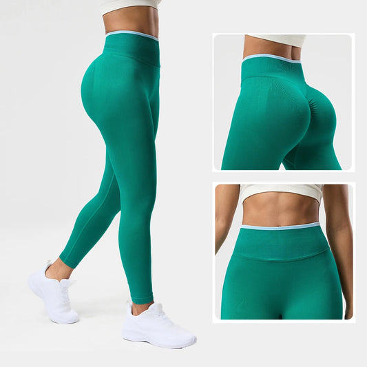 VEQKING Color Contrast Sports Women Yoga Pants Ignite Sculpt Scrunch Sports Leggings Seamless Push Up Gym Elastic Workout Tights