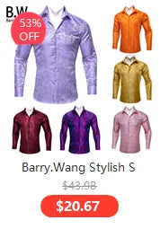 Camisas de seda de diseño para hombre en azul, dorado, verde, rojo, blanco y negro. Estampado cachemir bordado. Corte ajustado. Blusas casuales de manga larga.