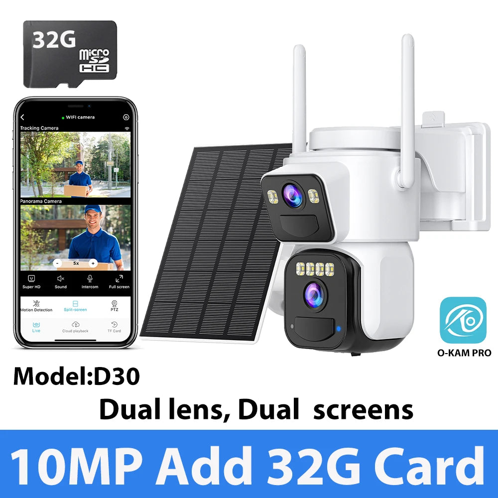 Cámara de seguridad exterior inalámbrica WiFi solar de 10 MP y 5K con doble lente, doble pantalla, seguimiento automático y zoom digital 5X. Incluye doble lente y doble pantalla.