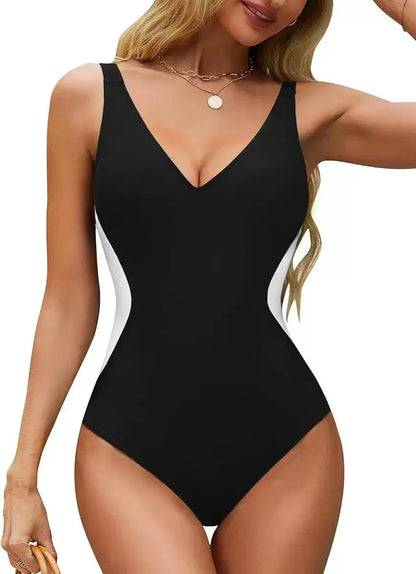 Traje de baño de una pieza de color contrastante para mujer, nuevo traje de baño de playa para mujer con escote en V profundo y tirantes finos, traje de baño de una pieza sexy.