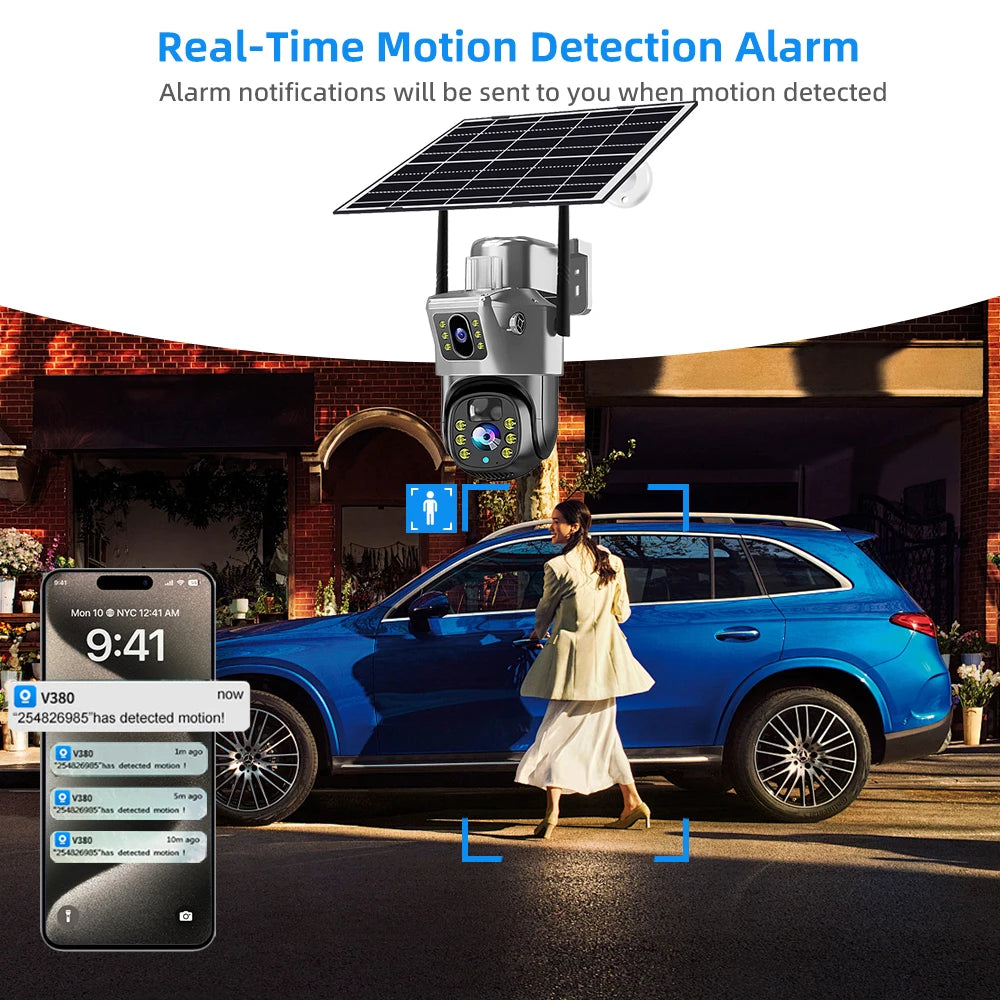 Cámara de seguridad CCTV V380 Pro 4K 8MP con 2 lentes, WiFi 4G, energía solar, visión nocturna PIR para exteriores, IP66, batería de bajo consumo.
