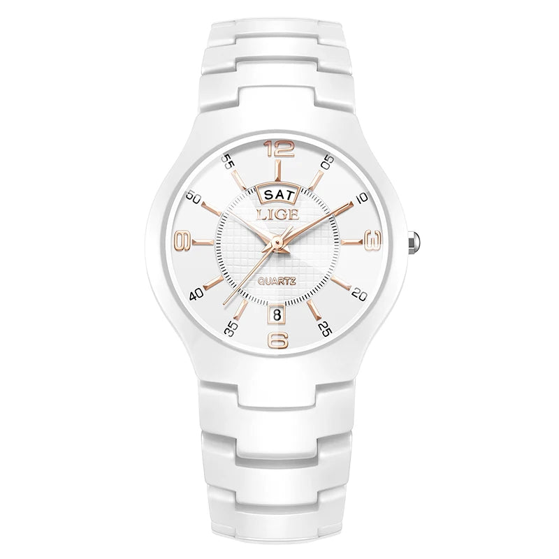 Reloj de cuarzo de cerámica de moda LIGE para mujer, reloj deportivo informal con fecha semanal, reloj creativo de acero resistente al agua para mujer