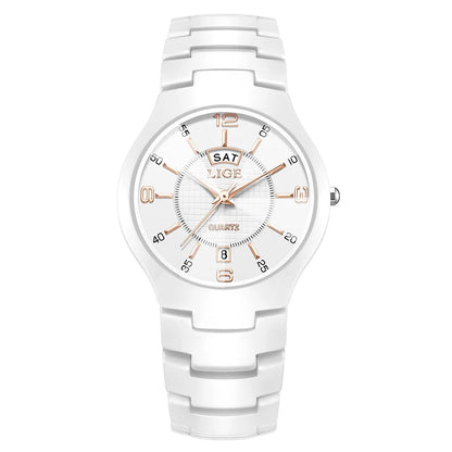 Reloj de cuarzo de cerámica de moda LIGE para mujer, reloj deportivo informal con fecha semanal, reloj creativo de acero resistente al agua para mujer