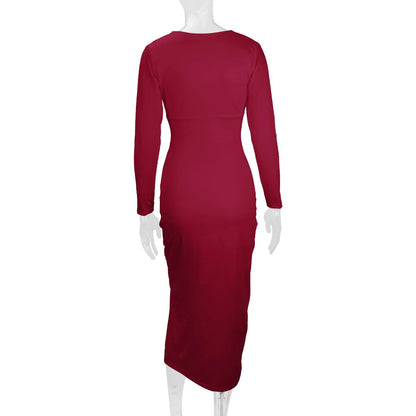 2025 Autumn Winter Female Fashion Slim Fit Long Sleeve V Neck Dress Women's Sexy Slit Knee Length Midi Dress Regular Shoulder