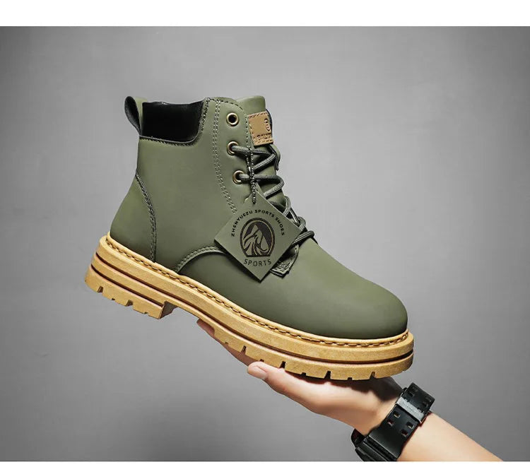 Botas altas de piel para hombre, zapatos de moda para motociclista, botines de invierno con cordones, botas vaqueras.