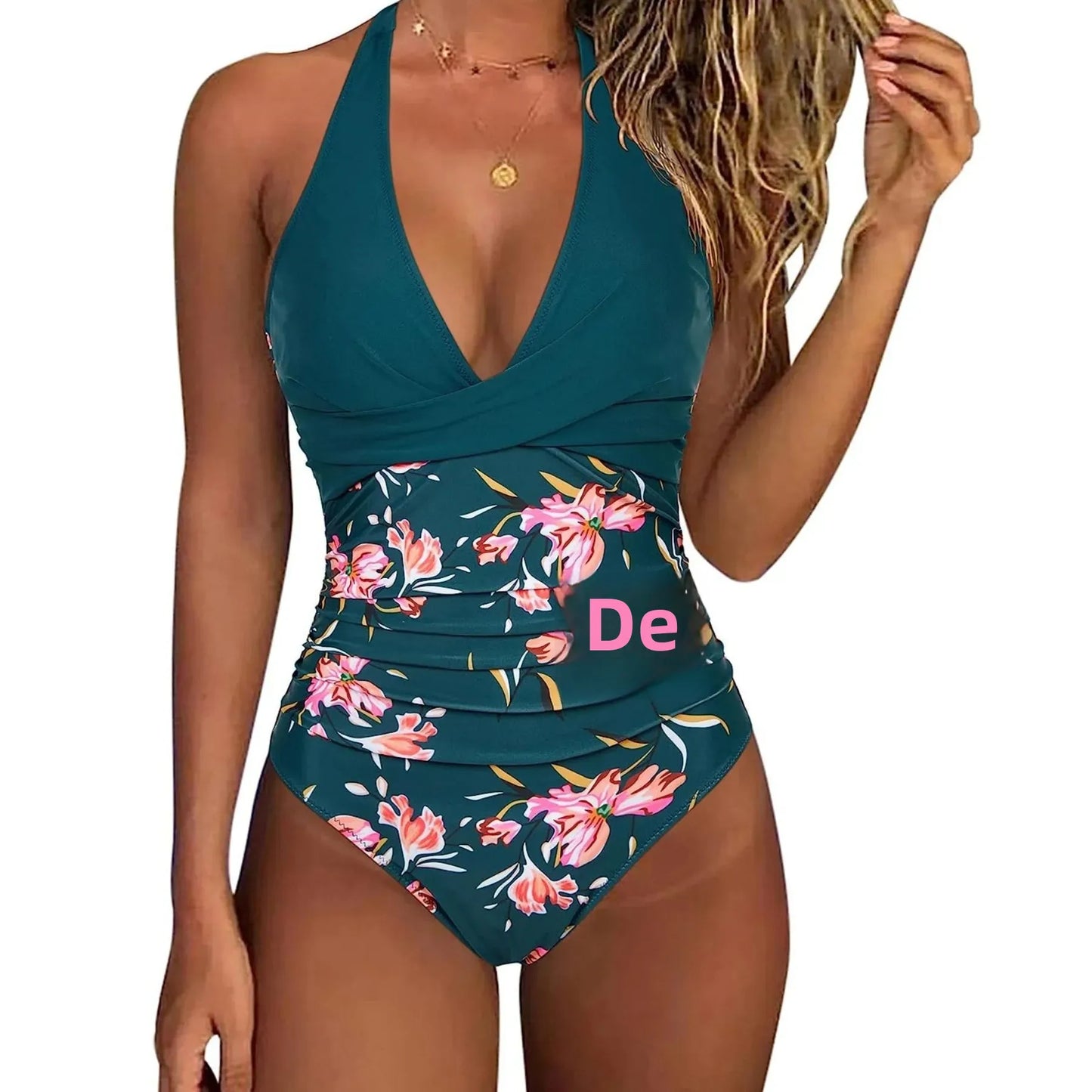 Traje de baño de una pieza con escote en V profundo para mujer, sexy, ajustado, sin espalda, con nudo, estilo isla sandía, zapatos y bolsos deportivos transfronterizos.