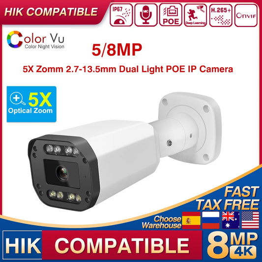 Cámara IP tipo bala compatible con Hikvision de 5 MP y 8 MP con zoom 5x, visión nocturna a color, audio, detección de personas y vehículos, y sistema de videovigilancia para el hogar.