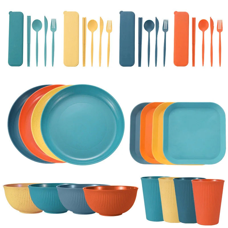 Juego de 36 platos de paja de trigo ecológicos para ramen, vajilla para cena, juego de vajilla para acampar con cuchillo, tenedor y cuchara.