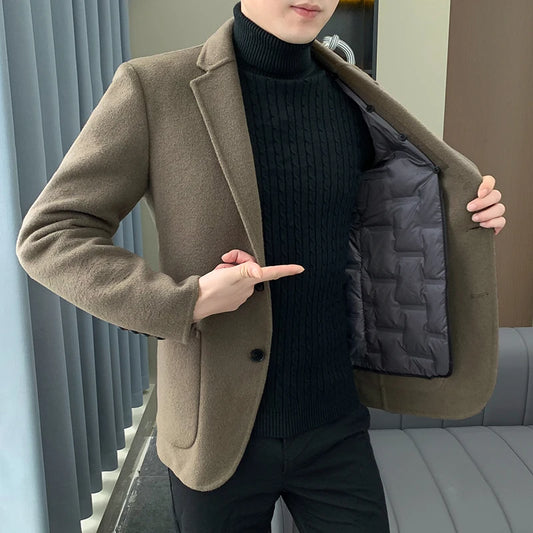 Slim Fit Detachable Down Liner Men's Woolen Coat High Quality 2025 Autumn Winter Casual Solid Color Short Style Warm Wool Jacket