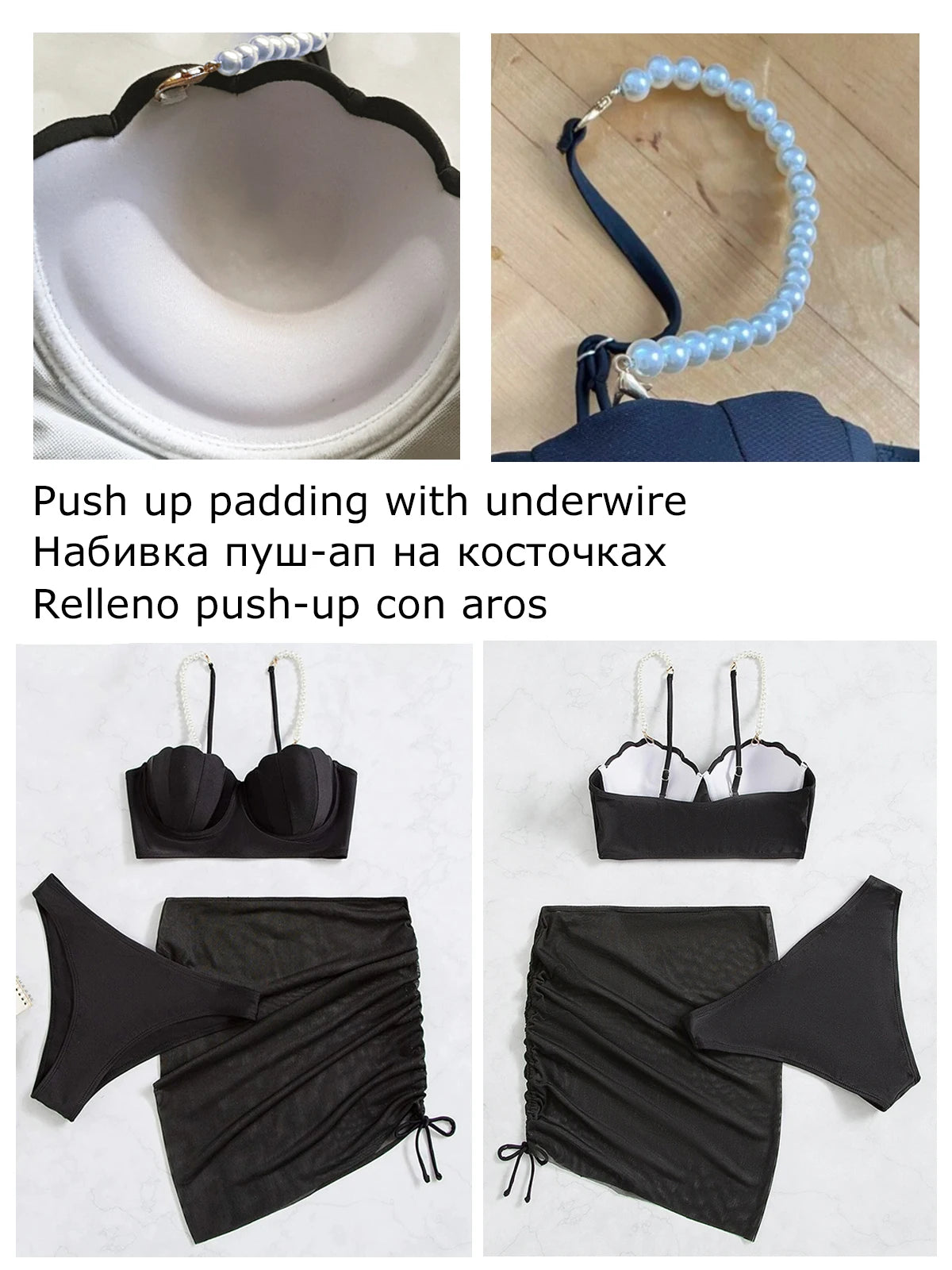 Conjunto de bikini sexy de 3 piezas para mujer, traje de baño con falda, novedad de 2023, bikini push up para mujer, ropa de playa con perlas sintéticas.