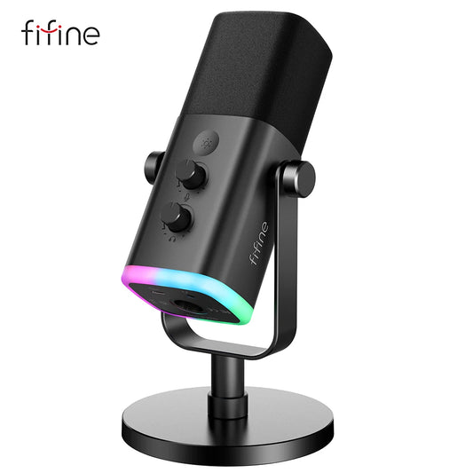 Micrófono dinámico FIFINE USB/XLR con botón de silencio táctil, conector para auriculares, controles de E/S, para mezclador de PC PS5/4, micrófono para juegos Ampligame AM8