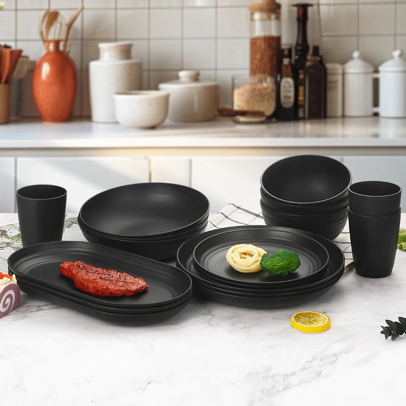 Juego de cubiertos de plástico de 24 piezas, platos, tazas, platos de cena negros, juego de regalo para acampar al aire libre