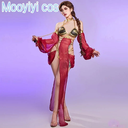 New Mooyiyi cos Leia Scarlet Salsa Dress Cosplay costume Halloween Christmas S-XL 2025 Sexy Red Dancer Dress