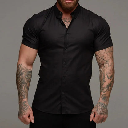 Camisas de vestir ajustadas para hombre, estilo casual de verano, con cuello vuelto, manga corta y botones LXDZ-110