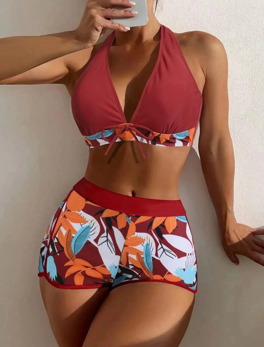 Conjunto de bikini con cuello halter y estampado sexy, traje de baño de cintura alta para mujer, recién llegado, gran oferta de la temporada, diseño dividido moderno