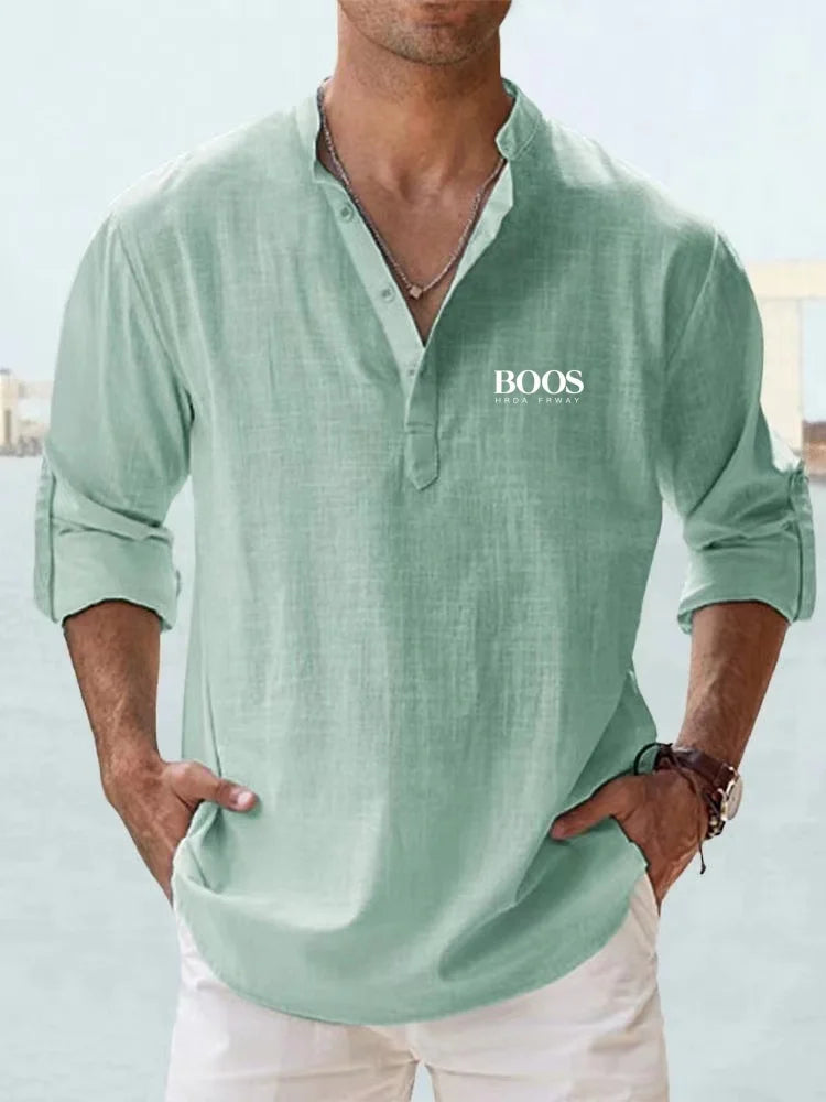 Camisa de lino 100 % algodón de manga larga con bordado de alta calidad para hombre, nueva camiseta informal holgada de negocios para otoño