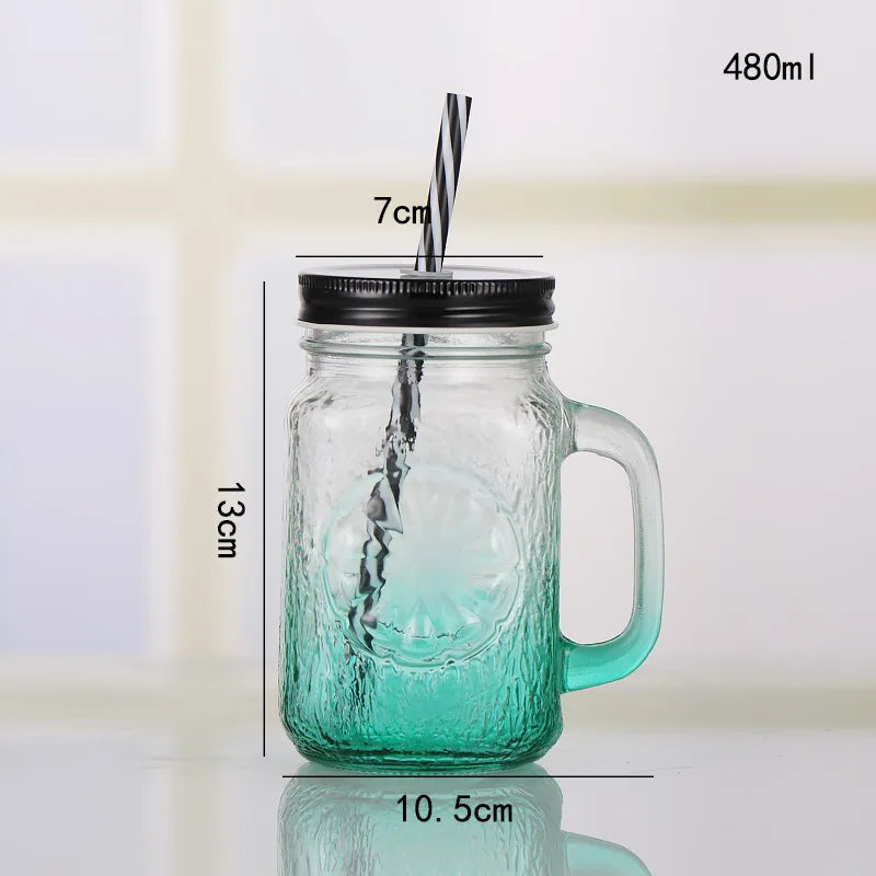Jarra de vidrio de 480 ml, 500 ml y 16 oz con tapa de hierro y pajita de plástico, cuadrada, con degradado de color.