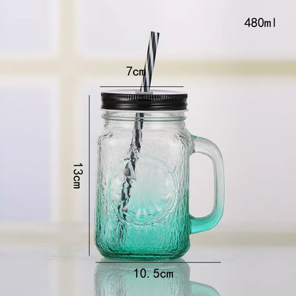 Jarra de vidrio de 480 ml, 500 ml y 16 oz con tapa de hierro y pajita de plástico, cuadrada, con degradado de color.