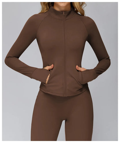 Conjunto deportivo Hearuisavy para mujer, chaqueta deportiva de manga larga con cremallera y bolsillos, ropa exterior ajustada de secado rápido para correr, pantalones de yoga de cintura alta