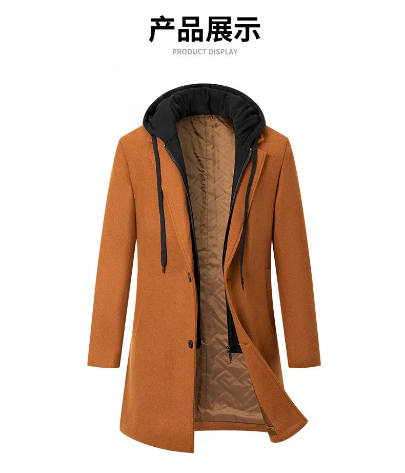 Autumn Winter Men's Wool Trench Coat Fashion Hooded Warm Long Woollen Coats Business Casual Turn Down Collar Woolen Blend Men