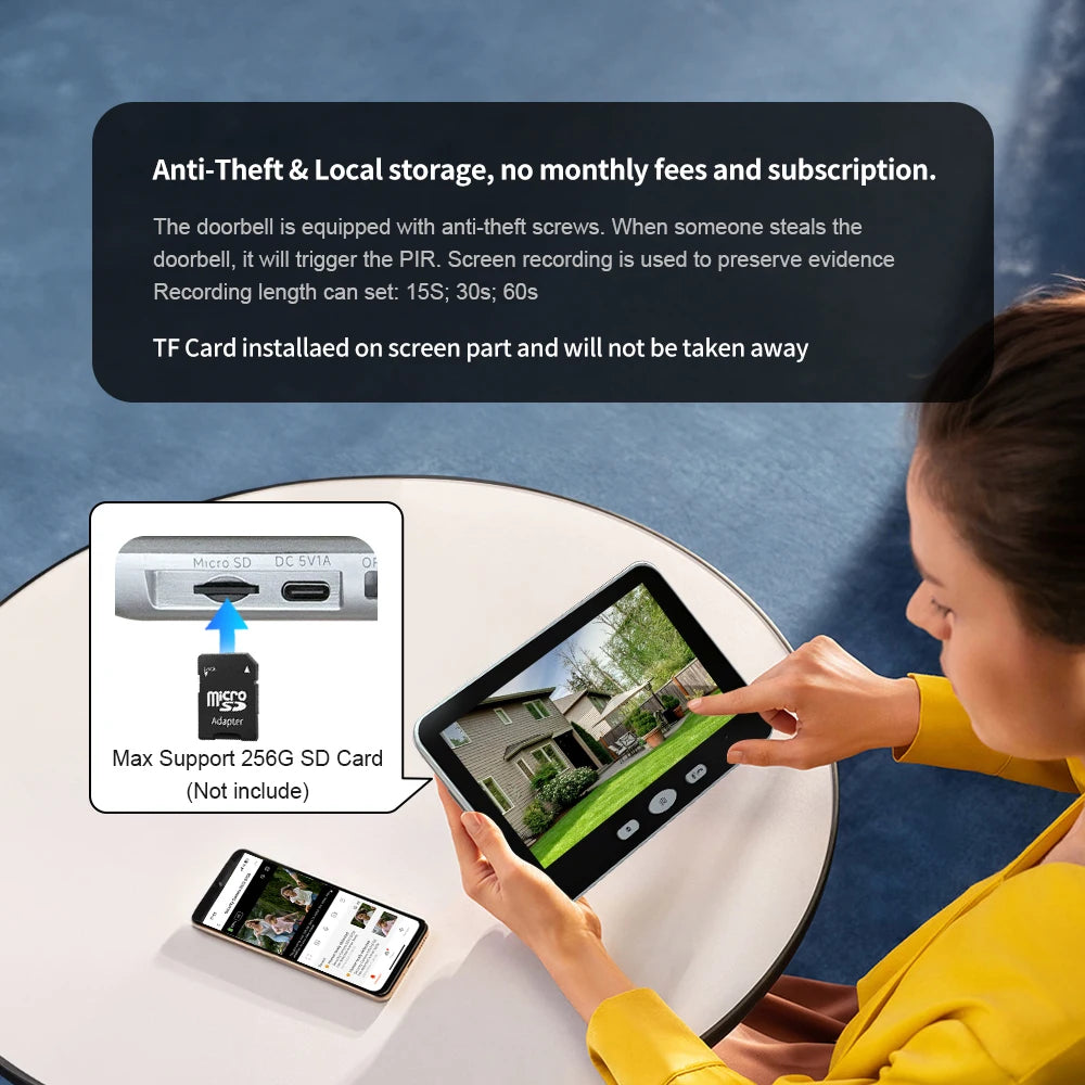 Yuezhe Tuya Smart Life WiFi Video Doorbell PIR Camera 2MP Outdoor Waterproof Wireless Door Security Intercom System 5' Monitor