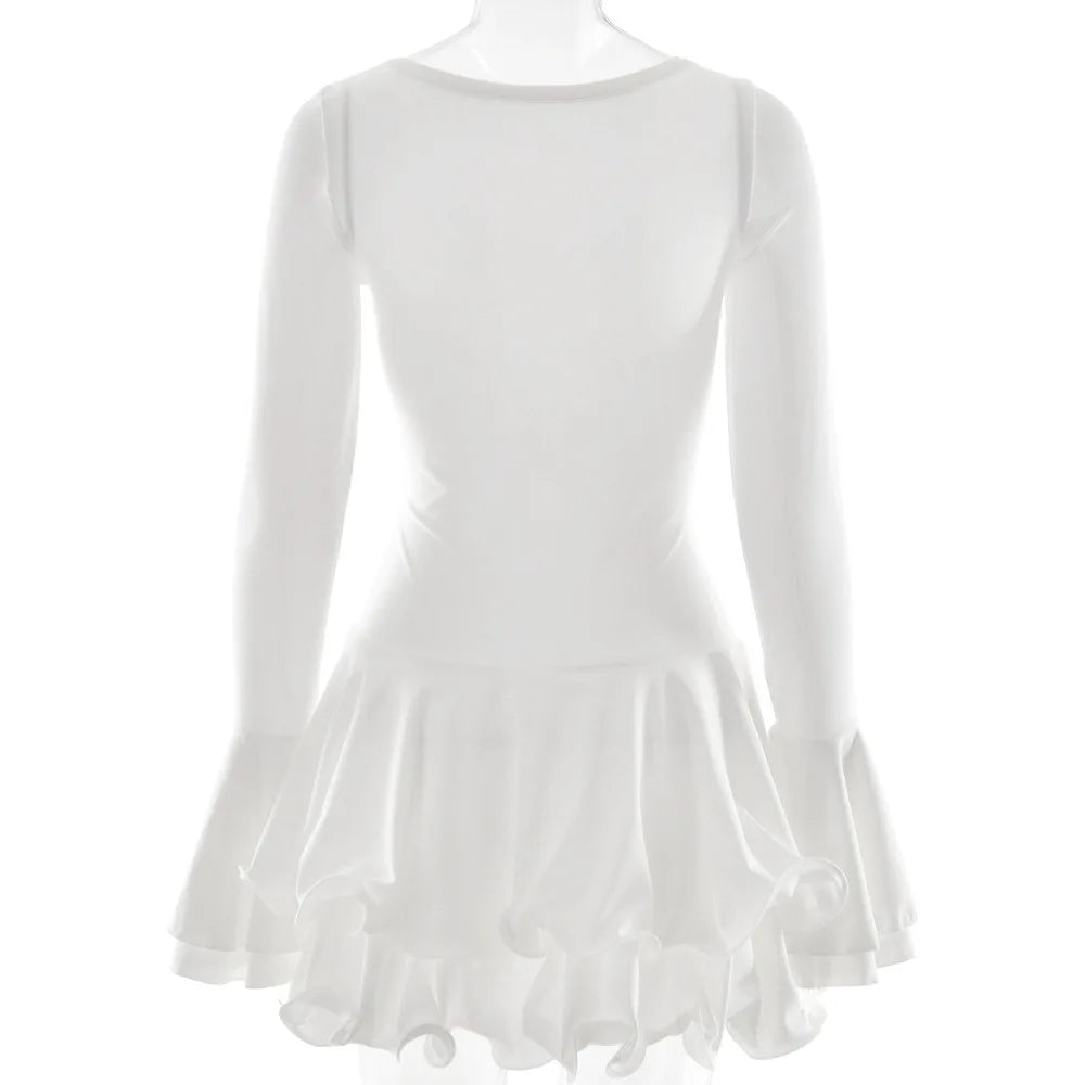 Vestido corto de mujer con volantes, patchwork blanco y negro, manga larga acampanada, encaje y cordones, para fiesta, noche, mini vestido, azul, rosa, rojo.