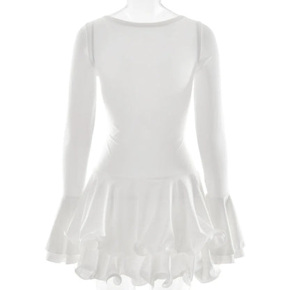 Vestido corto de mujer con volantes, patchwork blanco y negro, manga larga acampanada, encaje y cordones, para fiesta, noche, mini vestido, azul, rosa, rojo.