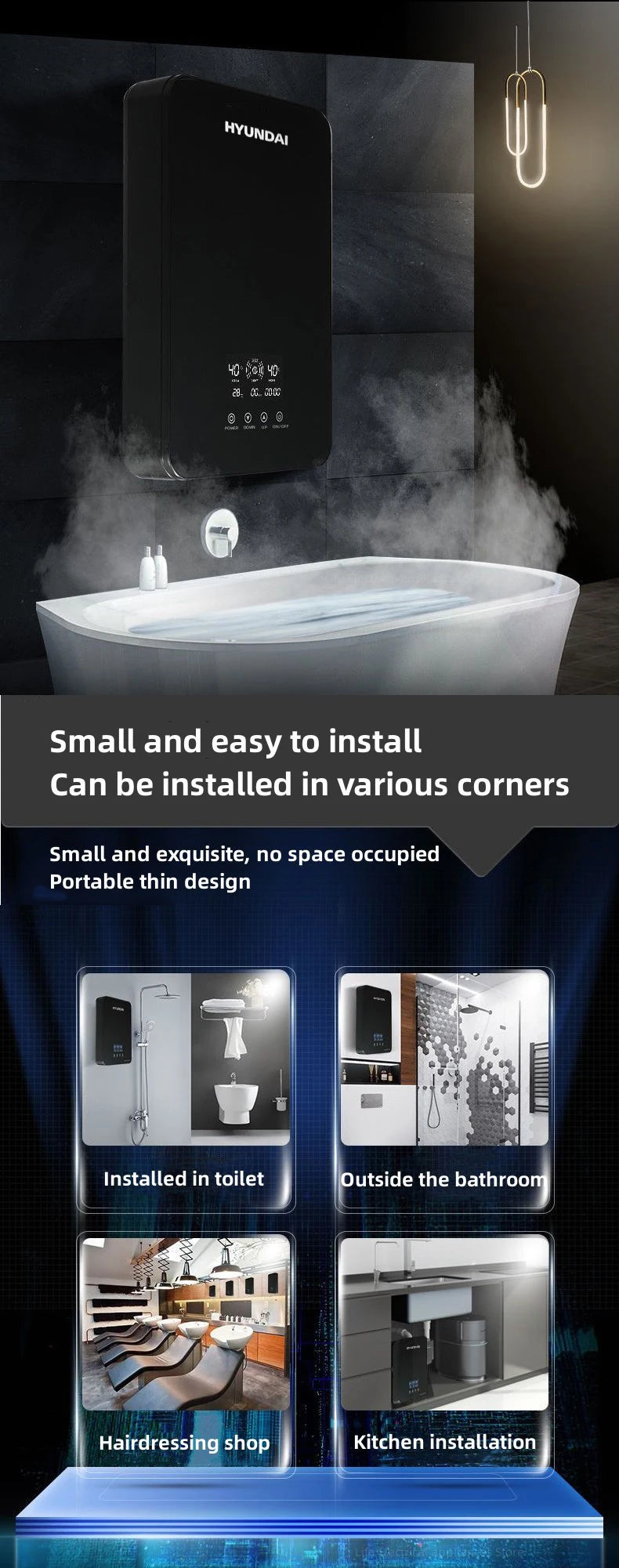 Calentador de agua eléctrico pequeño HYUNDAI con calentamiento rápido e instantáneo, temperatura constante inteligente y pantalla en inglés para ducha o baño.