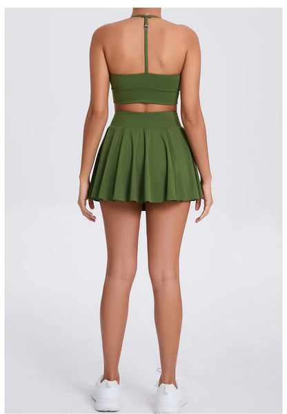 Conjunto de yoga para mujer, sujetador deportivo para exteriores, falda de tenis antiexposición, camiseta sin mangas de yoga transpirable de secado rápido, novedad de 2025