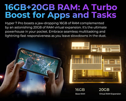 Teléfono móvil resistente HOTWAV Hyper 7 Pro 5G con cámara de 200 MP, Android 14, pantalla FHD+ de 6,6" a 120 Hz, 36 GB (16+20) de almacenamiento interno, 256 GB de almacenamiento externo, batería de 10800 mAh y carga rápida de 33 W.