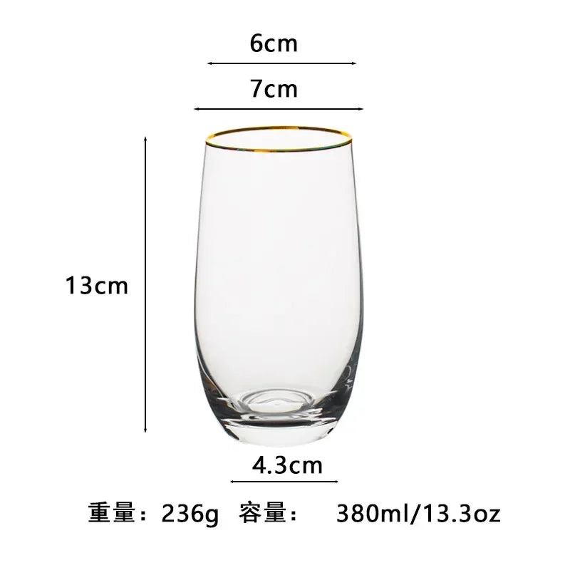 Vaso de agua redondo transparente de vidrio de alta calidad, colorido, con forma de huevo, resistente al calor, con borde dorado, para jugo, para uso doméstico.