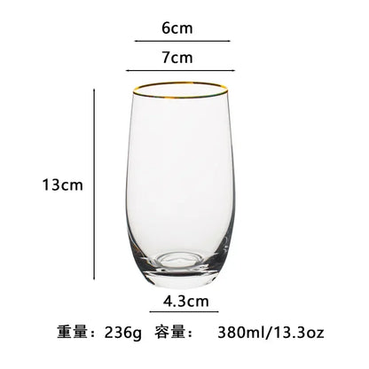 Vaso de agua redondo transparente de vidrio de alta calidad, colorido, con forma de huevo, resistente al calor, con borde dorado, para jugo, para uso doméstico.