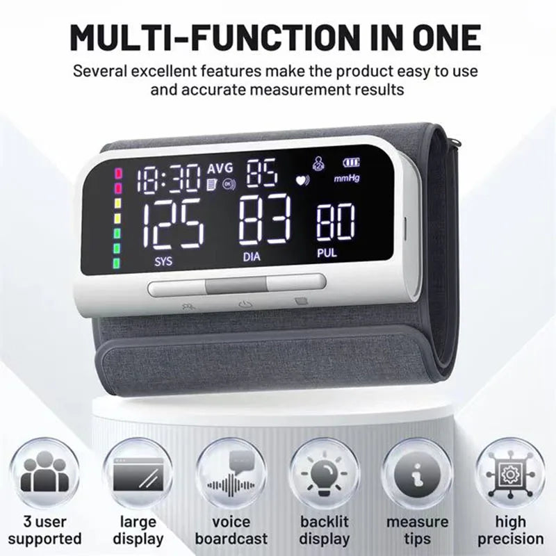 Monitor de presión arterial con carga USB por voz y Bluetooth, monitor de presión arterial automático de frecuencia cardíaca y pulso, pantalla LED grande