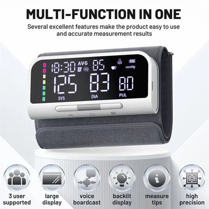 Monitor de presión arterial con carga USB por voz y Bluetooth, monitor de presión arterial automático de frecuencia cardíaca y pulso, pantalla LED grande