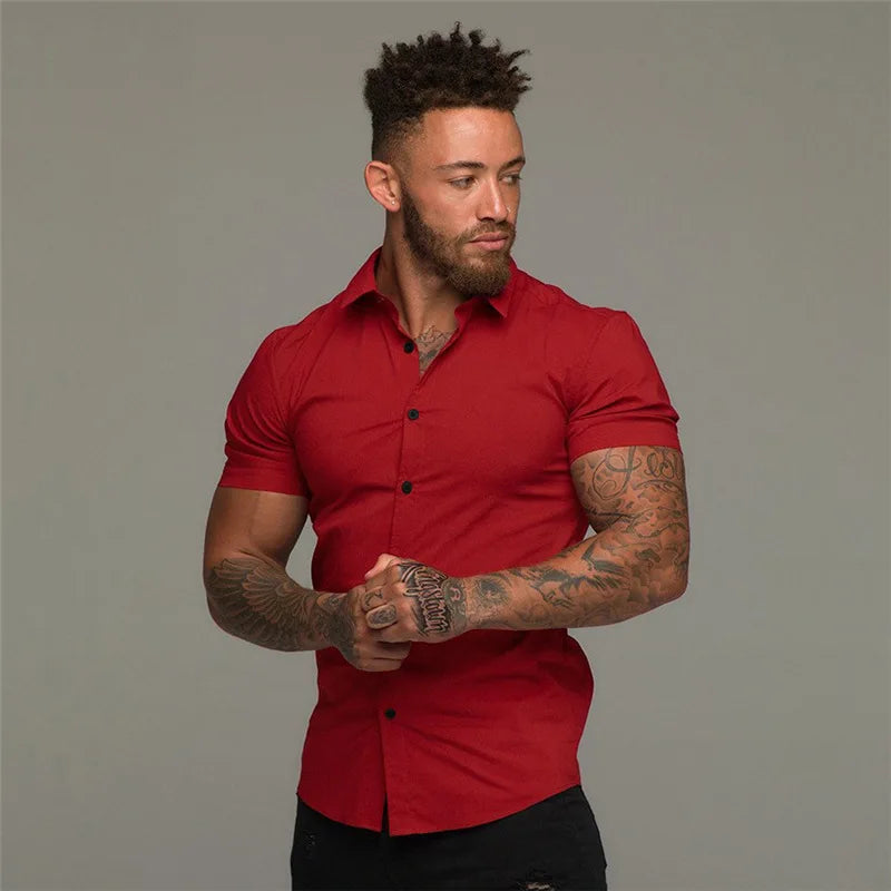 Camisas de vestir ajustadas para hombre, estilo casual de verano, con cuello vuelto, manga corta y botones LXDZ-110
