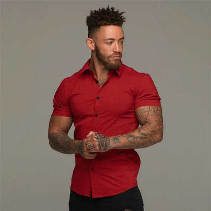 Camisas de vestir ajustadas para hombre, estilo casual de verano, con cuello vuelto, manga corta y botones LXDZ-110