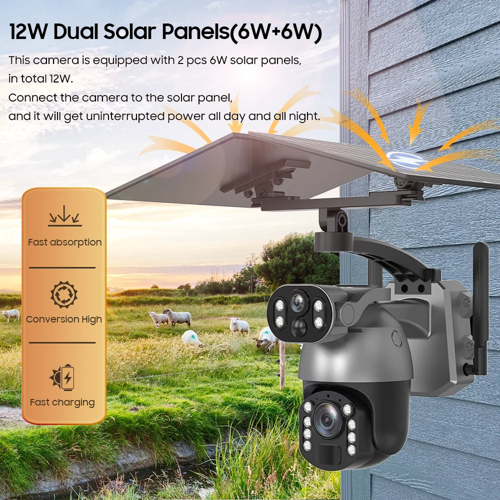 Cámara de seguridad exterior con zoom óptico de 10 MP y 50x, doble lente, SIM 4G, energía solar, Wi-Fi, PTZ, detección humana, grabación y visión nocturna. 10 MP, zoom óptico de 50x, doble lente, 4G, SIM, solar.
