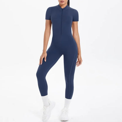 Mono deportivo de yoga sexy con cremallera frontal, espalda descubierta, manga corta, pantalones cortos, ropa deportiva para fitness, correr, gimnasio, yoga y actividades deportivas para mujer.
