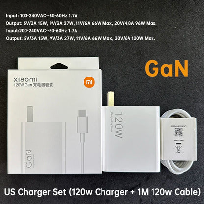 Cargador original Xiaomi de 120 W con conector tipo C y carga rápida GaN. Compatible con Xiaomi Mi 17, 14 Pro, 13t, Poco F7 Ultra, F4 GT y Redmi Note 13 Pro+.